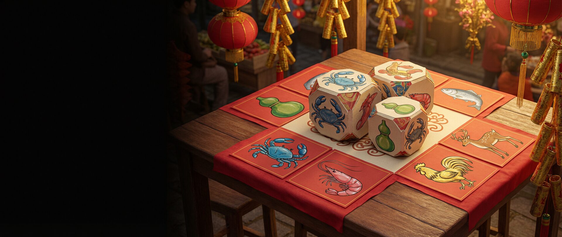 Bàn chơi Bầu Cua Tôm Cá in theo phong cách áp phích retro